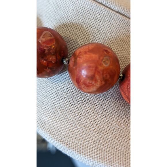 Genuine Coral Marbled Red 20 Bead Statement Necklace w/ Sterling Toggle Clasp - Picture 7 of 15